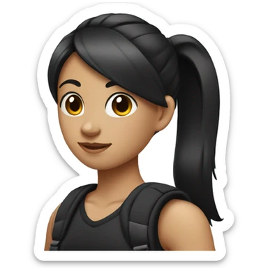 girl with black hair in a ponytail and a black sleeveless shirt wearing a backpack sticker