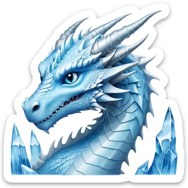 Cinematic Noble elegant Ice Dragon Portrait Emoji, Poised and imposing, distinct long elegant snout, with a slender, scaled body shimmering in glacial hues of icy blue, frostbitten silver, and crystalline white, breathing out frost, with piercing, glowing ice blue white eyes that radiate the chilling depths of an arctic storm; rendered in detail. excuding wisdom sticker