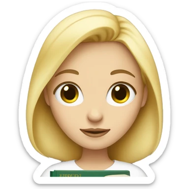 White skinned girl with green eyes and golden hair holding a book sticker