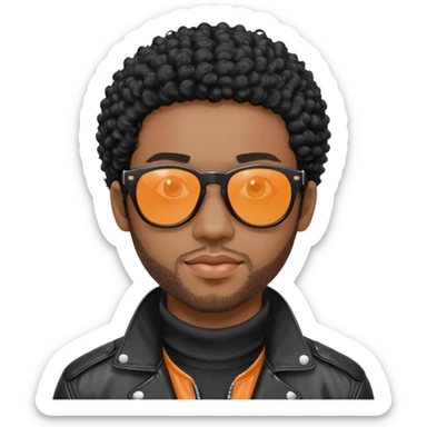 đàn ông 30 tuổi, da đen, tóc ngắn xù màu đen, đeo mắt kính râm màu cam nhẹ trong suốt nhìn thấy mắt, gọng kính màu đen, mặt ngầu, áo da cao cổ màu đen sticker