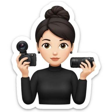 middle aged woman photographer with dark hair in a bun, wearing black clothes sticker