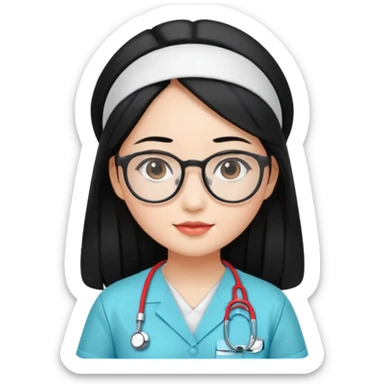 Large breasted Beautiful Asian girl with long black hair and glasses wearing nurse scrubs sticker