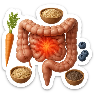 intestino umano anatomico infiammato al centro con carota, bowl di avena, mirtilli, bowl di semi di chia che gli fluttuano intorno , iperrealistico 4k sticker