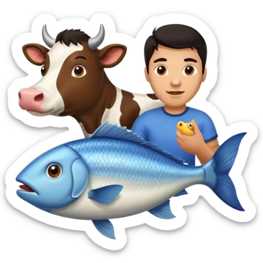 Guy with dark hair holding a fish getting chased by a cow sticker