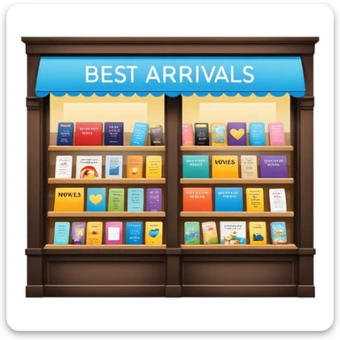 Bookstore window display. A sign displays “New Arrivals This Week”. Below, a shelf tag with the text “Best-Selling Novels Here”.  sticker
