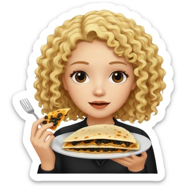 mujer con pelo rubio rizado comiendo quesadillas quemadas negras  sticker