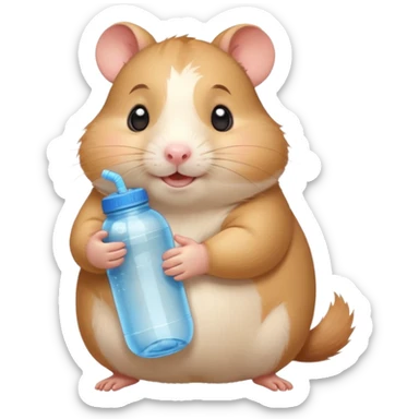 Cute chubby cartoon-style hamster hugging an oversized water bottle, sipping with tiny straw, happy expression. Painterly shading, expressive eyes, white background, sticker-style illustration sticker