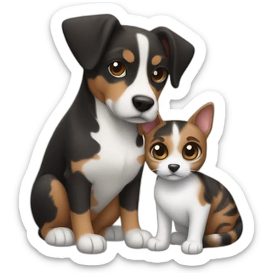 Black tabby cat and brown Jack Russell dog hugging sticker