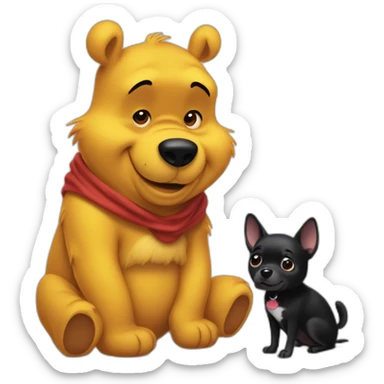 Winnie the Pooh with a black small dog who has a White spot on the stomach sticker