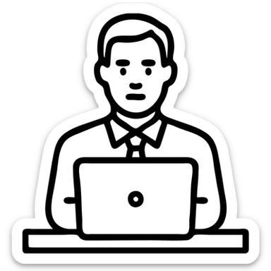A 35-year-old male business coach sitting at a desk with a laptop sticker