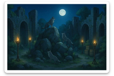 midnight within the ruins of abandoned castle yard, protrude boulders with climbing wolves, amid iron torches and crates tucked behind sticker