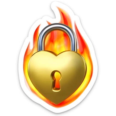 Emoji-style icon of a heart-shaped padlock made of shiny gold metal, with a keyhole in the center. Flames burning inside the heart and around it in yellow, orange, and red. Clean vector emoji design, glossy highlights, vibrant colors, centered, square format, white or transparent background. sticker