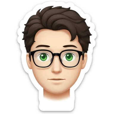 young man with pale skin, larger face, dark tall voluminous slightly wavy hair styled up high on head but not curly, wearing glasses with green eyes and very light stubble, with a slight smile sticker