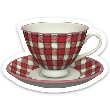 Hyperrealistic 3d rendering gingham plaid print detailed tea cup, with a gingham plaid saucer, that has a vintage vibe, 8k hd, 600 dpi, still life sticker