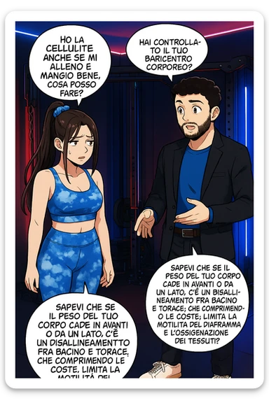 TRASFORMA QUESTO CAROSELLO IN UN FUMETTO STILE MANGA A COLORI CON QUESTE DUE PERSONE IDENTICHE CHE INTERLOQUISCONO TRA LORO:

LEI: Ho la cellulite anche se mi alleno e mangio bene, cosa posso fare?

LUI: Hai controllato il tuo baricentro corporeo?
LUI: Sapevi che se il peso del tuo corpo cade in avanti o da un lato, c’è un disallineamento fra bacino e torace, che comprimendo le coste, limita la motilità del diaframma e l’ossigenazione dei tessuti?
LUI: Il mio è il primo e unico percorso che lavora sugli inestetismi con un lavoro mirato sul baricentro corporeo. sticker