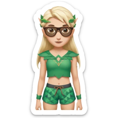 elf female legolas portrait, patterned board shorts (geometric/abstract), unique wooden-framed sunglasses, undercut hairstyle, slight smirk, visible pointy ears, no background, centered emoji, hipster summer vibe coctails sticker