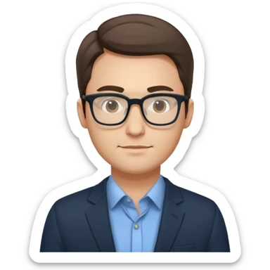 a man in his early 30s wearing glasses for a tech company sticker
