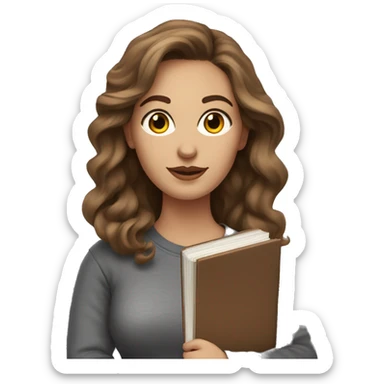 a white woman with makeup and long brown wavy hair. wearing a grey sweatshirt and black skirt and holding books sticker