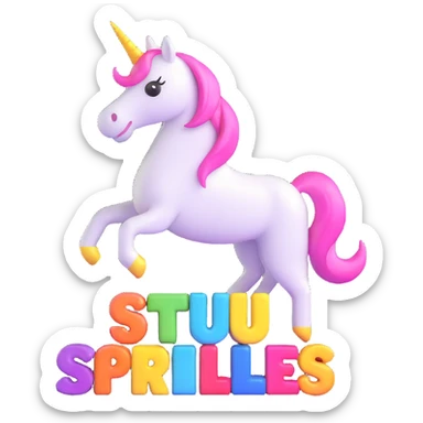 bold Discord emoji with text 'STU 🦄' in 3D block letters, surrounded by sparkles, cartoon unicorn, designed to stand out in chat sticker