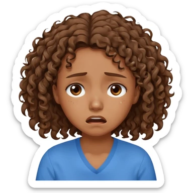 young curly hair girl, brown hair, with a blue shirt, in despair crying sticker