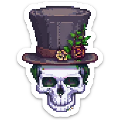 skull with a top hat, pixel art style sticker
