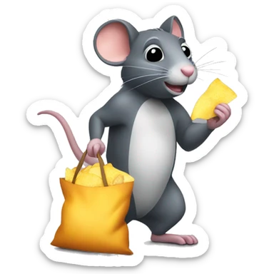 A rat carrying a bag of chips sticker
