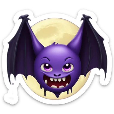 purple and black mad face vampire bat cartoon sparkle eyes wings flying in front of large dripping crescent moon sticker