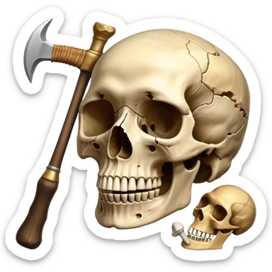 An icon featuring a human skull and fossilized bones, symbolizing the study of anthropology. The design includes archaeological tools like a pickaxe and brush, with a background of ancient artifacts and a globe. Transparent background emphasizes the exploration of human history and evolution. sticker