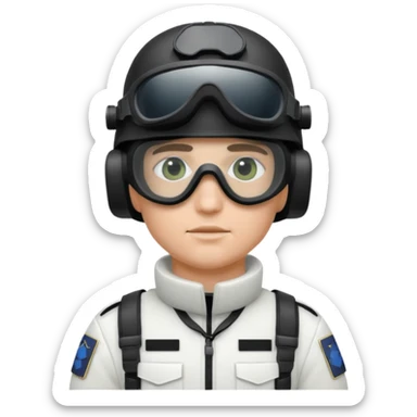 A Finnish modern soldier in a white snow uniform. with black night vision goggles sticker