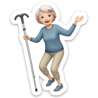 old woman with short hair, dressed with pants, laughing and dancing with crutches sticker