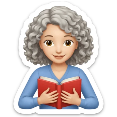 Silver hair, wavy/curly hair chin-length lady giving hug with 2 arms,  v-neck and smiling, add a favorite book sticker