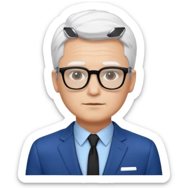 Man wearing black glasses, short white hair, blue suit sticker