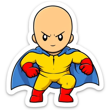 Saitama from One Punch Man, bald head, blank expression, yellow hero suit with white cape, red gloves sticker