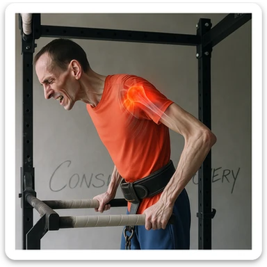 Hyperrealistic 4K image of a very thin man performing a dip on parallel bars, side position as in the reference, showing an expression of pain. Shoulder highlighted with a transparent effect showing internal inflammation. Gym atmosphere. Variant 3. sticker