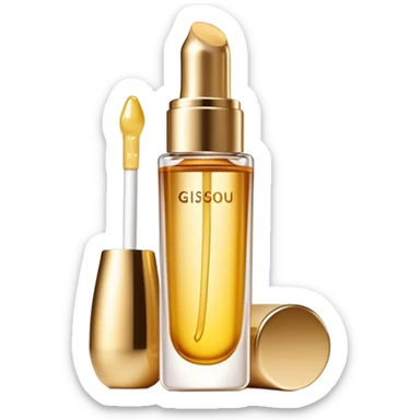 Gisou lip oil, small transparent bottle with gold cap, tinted lip gloss, honey-infused beauty product sticker