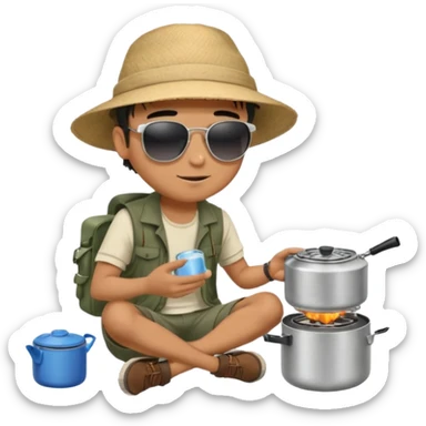 A man camper boiling water on a portable stove, enjoying the outdoor breeze sitting on the ground
 sticker