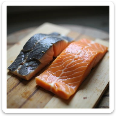 two salmon fillets side by side on a cutting board: one with gray flesh and one with orange flesh, natural light, hyperrealistic photographic style, 4K resolution sticker