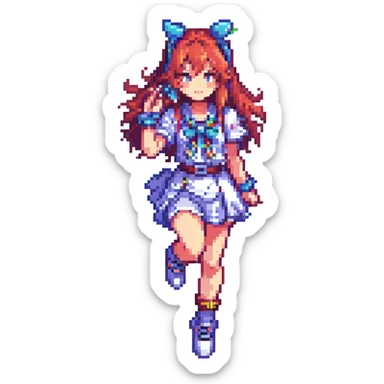 cool anime girl, pixel art style, energetic pose, modern accessories sticker