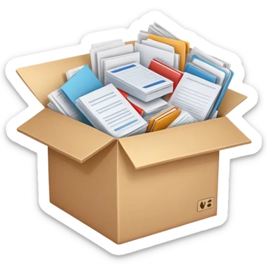a huge box bursting with a lot of documents and papers sticker