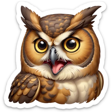 Cinematic Cute Yawning Great Horned Owl Portrait Emoji, Head tilted slightly with a dramatic, wide-open yawn, showcasing a soft, downy mottled plumage with gently drooping feathers, round golden eyes barely open in drowsy contentment, Simplified yet irresistibly adorable features, highly detailed, glowing with a soft, cozy glow, high shine, relaxed yet expressive, stylized with a touch of nocturnal whimsy, bright and endearing, soft glowing outline, capturing the essence of a sleepy yet affectionate owl, so drowsy it feels like it could glide out of the screen and curl up for a nap! sticker