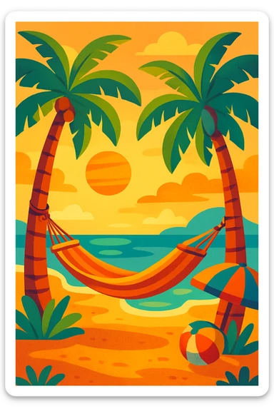 summer theme relaxing vacation, palm trees, hammock, warm tones sticker