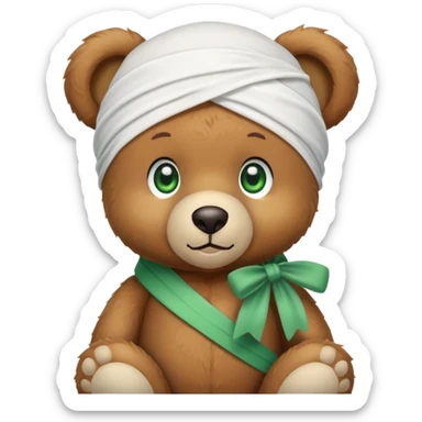 Cute brown teddy bear with innocent green eyes wearing a white wave durag perfectly tied, iOS emoji style sticker