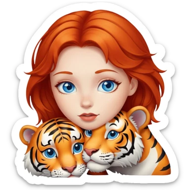 blue-eyed redhead girl kissing tiger sticker