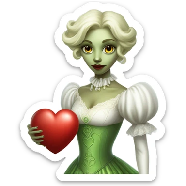 "galora green blonde alien woman" in white Victorian dress elegant, full body holdig red big hearth sticker