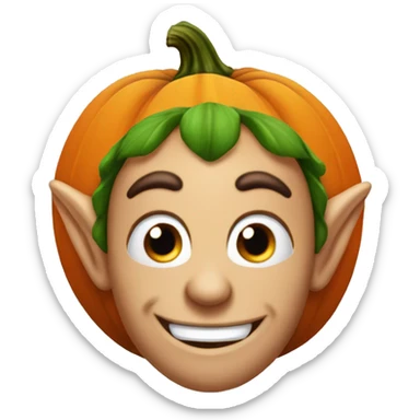 Elf with a pumpkin head, carved smile face on the pumpkin, leaves in hair, Halloween theme, emoji sticker