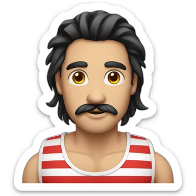 male with long black hair, moustache and striped black and red tank top sticker