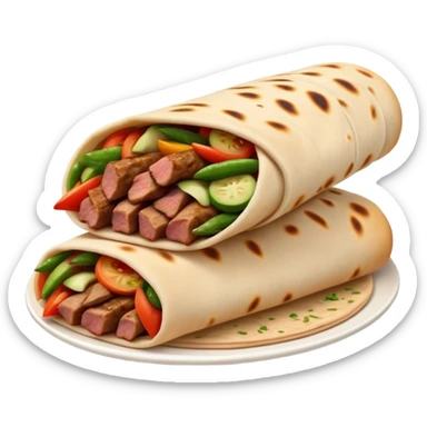 Cinematic Realistic Shawarma Dish Emoji, showcasing spiced, succulent meat wrapped in flatbread with fresh vegetables rendered with lifelike detail and dynamic, appetizing lighting. sticker