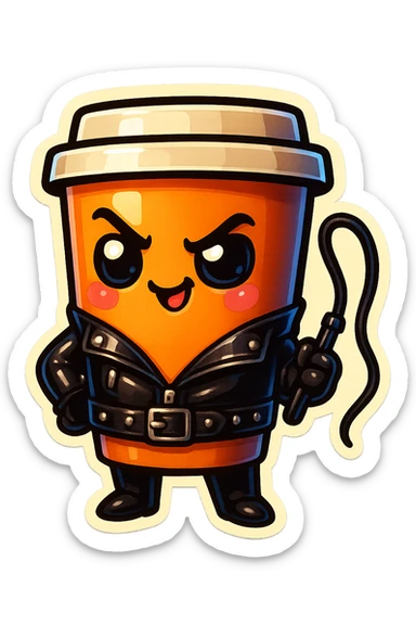 Tall coffee cup, dressed in leather holding a whipping crop, mischevious, sticker