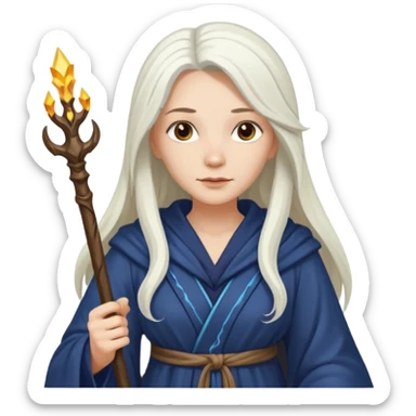 White Long Haired Women, Sorceress with staff — flowing white hair, calm face. sticker