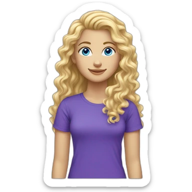 caucasian curly blonde long haired blue eyes woman purple t-shirt sticker